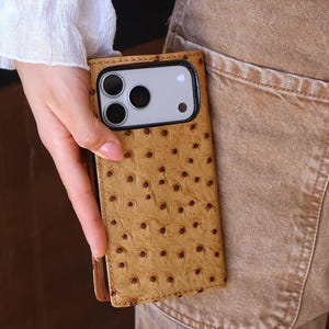iPhone 11-17 Pro Max Models Case, Handmade Leather Wallet | Beige Ostrich Full Grain Hide | Card Slots