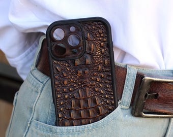 Handmade Brown Crocodile Leather for iPhone Wallet Case