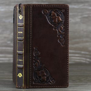 Funda de piel auténtica para iPhone 16, 15, 14, 13, 12, 11, 8, 7 Pro Max Plus, Mini SE, XS, funda tipo billetera con estampado vintage y decoraciones de libros bíblicos