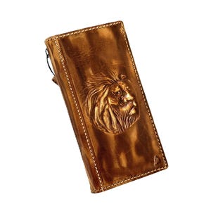 Genuine Tan Leather Case For Apple iPhone 7 8 11 12 13 14 15 16 Pro Max Plus Mini SE XS Wallet Cover Handmade polished wax Stamping Lion