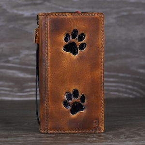Étui en cuir véritable pour Galaxy S25 S24 S23 S22 S21 S20 FE Ultra A35 A55 A35 20 21 A52 A51 A54 A71 A14 A53 5G Plus noir estampage pattes de chien