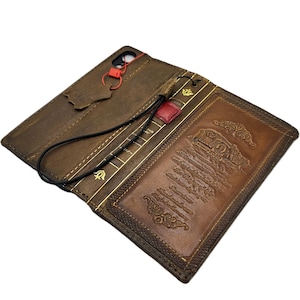 Genuine Leather Case For Galaxy Z Fold 7 6 5 4 3 Cover Card Slots Book Vintage old Premium Wallet Handmade Tan Thick parchment old decorated