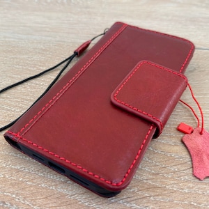 Funda de piel auténtica para iPhone 7, 8, 11, 12, 13, 14, 15, 16 Pro Max Plus, Mini SE, E, XS, funda tipo cartera, estilo vintage clásico, color rojo, Art Amit