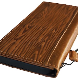 Custodia in vera pelle per Galaxy Fold 6 4 5 3 S25 Cover con scomparti per carte Portafoglio vintage Fatto a mano Lusso Vintage Stampaggio Tan Wood Design ArtAmit