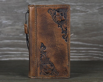 Handmade Black Wax Floral Leather Wallet Phone Case for Google Pixel 11