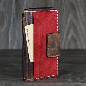 Custodia in vera pelle per Galaxy Z Fold 7, 6, 5, 4, 3, portafoglio, con scomparti per carte, libro, vintage, lucidatura speciale, cera rossa, tasca in pelle scamosciata cucita