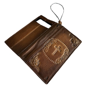 Custodia in vera pelle per Galaxy Fold 6, 4, 5, 3, con scomparti per carte di credito, portafoglio vintage fatto a mano, stampa marrone chiaro, motivo a croce decorato di ArtAmit