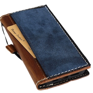Funda tipo cartera de piel auténtica hecha a mano para iPhone 16, 15, 14, 13, 12 y 11 SE, E y XS. Funda de ante de primera calidad, piel azul, regalo para él y para ella.