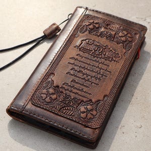 For Samsung Galaxy S26 S25 Genuine Leather Case, Floral Tooled Phone Wallet - Vintage Patina, Full-Grain