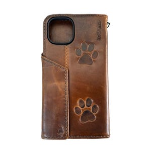 Custodia in vera pelle per Google Pixel 4 5 6 7 8 9 A Pro XL 4G 5G, portafoglio pieghevole, copertina a libro fatta a mano, stampa vintage con magnete e zampe di cane ArtAmit