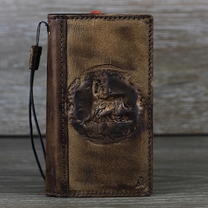 Étui en cuir véritable pour Samsung Galaxy Z Fold 6 5 4 3 Etui portefeuille, fentes pour cartes, estampage fait main, polonais, décoré, cheval