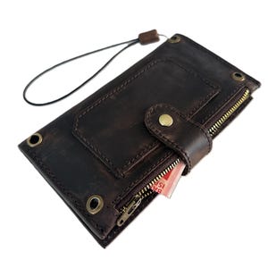 Funda tipo cartera con cremallera, hecha a mano, color marrón, para Google Pixel 6–9, 8A–9A, con ranuras para tarjetas y solapa.