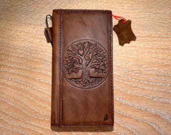 For Samsung Galaxy S24-S26 Ultra Distressed Leather Phone Case Wallet Cover: Vintage Tree of Life Embossed Art, Custom Card Holder