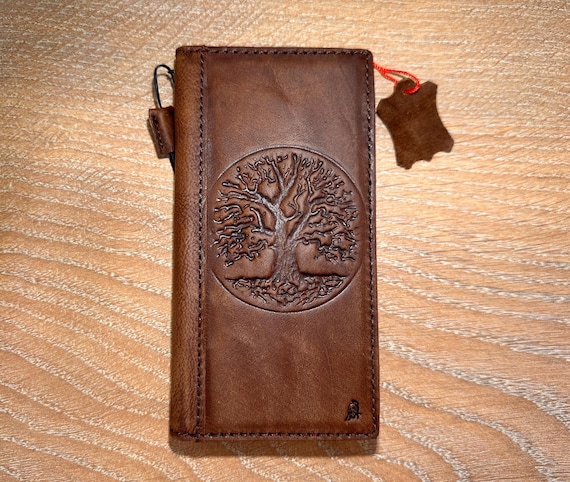 For Samsung Galaxy S24-S26 Ultra Distressed Leather Phone Case Wallet Cover: Vintage Tree of Life Embossed Art, Custom Card Holder