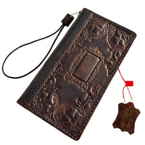 Funda tipo cartera de piel auténtica hecha a mano para iPhone 17, 16, 15, 14, 13, 12, 11 SE, E, XS. Piel de primera calidad con espejo y decoración tipo libro para iPhone 17 Pro Max.
