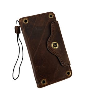 Funda tipo cartera de piel auténtica hecha a mano para iPhone 17, 16, 15, 14, 13, 12, 11 SE, E, XS. Cierre de remaches de piel de primera calidad para iPhone 17 Pro Max.
