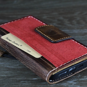 Etui portefeuille en cuir véritable fait main pour iPhone 16 15 14 13 12 11 SE E XS - Etui de poche en daim premium | Cuir rouge | Cadeau pour elle et lui