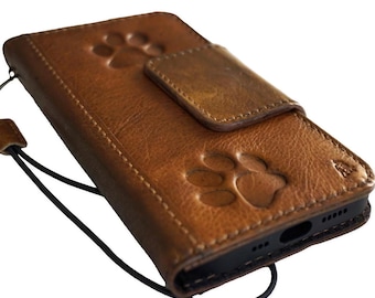 Brieftaschen-Handyhülle aus Vollnarbenleder mit geprägter Hundepfote für Samsung Galaxy S24-S26