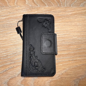 Funda de piel auténtica para Apple iPhone 11 12 13 14 15 Pro Max 7 8 plus Mini SE XS Funda tipo cartera con diseño de imán negro ArtAmit