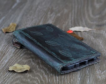Funda de cuero genuino para Google Pixel 9 8 7 6 5 4 A 8A Pro XL 4G 5G Cartera plegable hecha a mano especial de hojas verdes antiguas ArtAmit