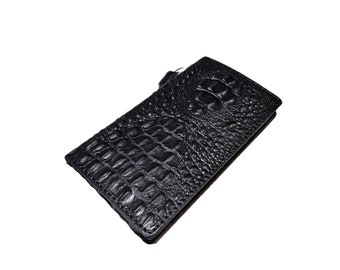 Handmade Black Crocodile-Embossed Leather Wallet Case for Google Pixel 11