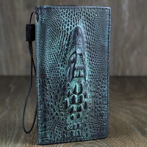 Étui en cuir véritable pour Google Pixel 9 8 7 6 5 4 A 8A Pro XL 4G 5G Portefeuille pliable fait main à l'ancienne avec estampage vert spécial crocodile