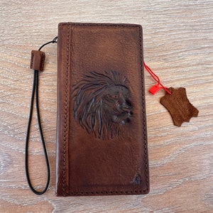 Genuine Leather For Apple iPhone 11 12 13 14 Pro Max 7 8 plus Mini SE XS Case Wallet Cover Vintage Brown Lion Leather Case By Art Amit
