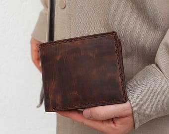 Portefeuille fait main en cuir pleine fleur - 2 volets vintage, marron polonais