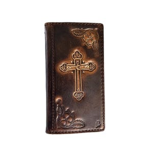 Echtes Leder für Apple iPhone 7 8 11 12 13 14 15 16 Pro Max Plus Mini SE XS Hülle Doppel Brieftasche Abdeckung Verziertes Kreuz Handmade Case
