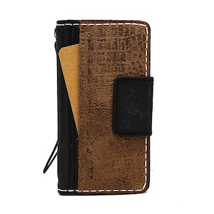 Funda tipo cartera de piel auténtica hecha a mano para iPhone 16, 15, 14, 13, 12, 11 SE, E, XS. Funda de ante premium con bolsillo. Piel negra. Regalo para él y para ella.