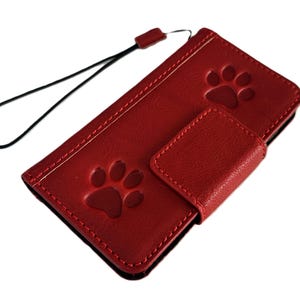 Étui en cuir véritable pour Google Pixel 9 8 7 6 A 8A Pro XL 4G 5G Portefeuille avec fermeture magnétique Pattes de chien rouges Fermeture magnétique faite main