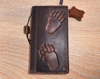 Handmade Leather Phone Wallet Case, Stamped Bear Paws