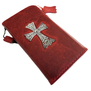 Genuine Leather Case For Galaxy S22 S21 S20 S23 S24 FE Ultra S8 S9 Note 10 20 21 A13 A71 A51 A12 A31 4G 5G Plus Stamping Red Cross jewel
