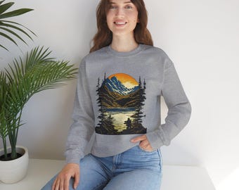 Sunset Mountain Lake landscape Crewneck Sweatshirt | Fishing silhouette, Pine trees