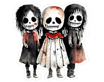 Spooky Cartoon Skeleton Girls Kiss-Cut Sticker – Halloween Gothic Art