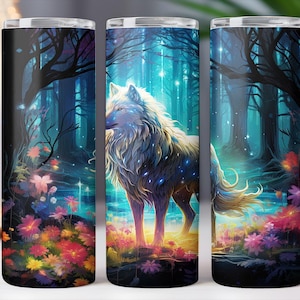 Whimsical Wolf Stainless Steel Tumbler: 20oz Travel Mug, Nature Lover Gift
