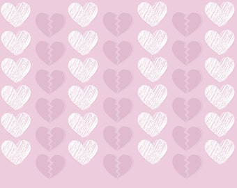 May include: A pink background with a repeating pattern of white and pink broken hearts. The hearts are drawn with a scribbled line style.
