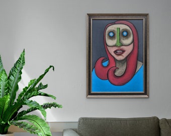 Abstract Portrait Painting of a woman with a big eyes, Modern original art portrait, Expressive Style Portrait by Kaloyan Nenkov