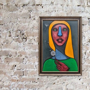 Pintura de retrato abstrato de uma mulher com um dente de leão, retrato de arte original moderna, retrato de estilo expressivo de Kaloyan Nenkov