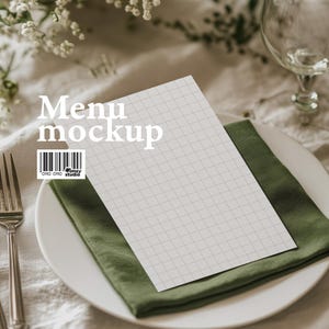 A5 Wedding Menu Mockup – Minimal White Card on Green Table Setting with Elegant Floral Details
