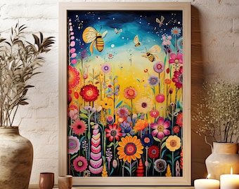 Whimsical Bees and Vibrant Blossoms Art Print | Botanical Home Decor | Floral Nature Wildflowers