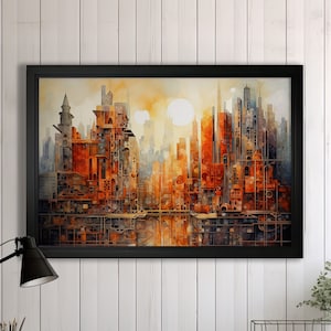 Abstract Futurism Cityscape Art Print - &quot;Orange Horizon Dreams&quot; Landscape