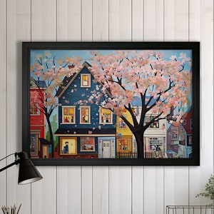 Colorful Houses Art Print | Cherry Blossoms: A Whimsical Slice of Americana Life