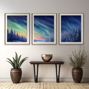 Aurora Borealis und Snowy Pines Kunstdrucke Set | 3er Set Drucke | Verzauberter Winter: Triptychon Painting-Set Nordlichter