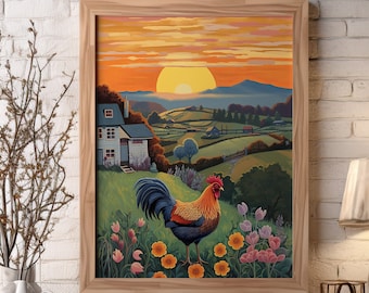 Rooster Flower Field Print | Farmhouse Folk Art, Americana Wall Decor