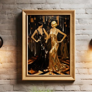 Art Deco Glamour Art Print | Shimmering Nightclub Duo in Gold and Black | 1920s Fashion Elegance