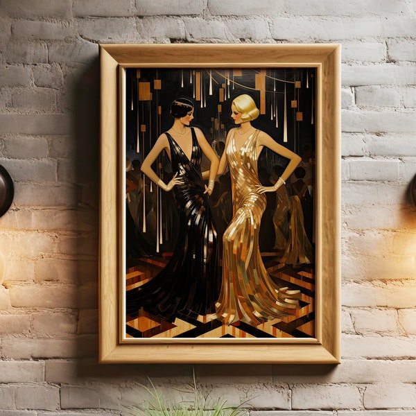 Impression d'art glamour Art déco | Duo de discothèques scintillants en or et noir | Élégance de la mode des années 1920