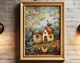 Impression artistique de poulet printanier d'art populaire | Animaux de la ferme