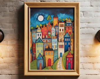Charming Town Folk Art Print | Full Moon Colorful Houses