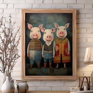 Pig Family Folk Art Print: Traditional and Whimsical Charm in Muted Tones